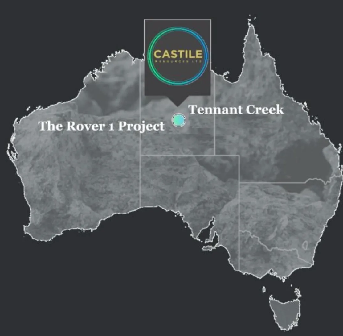 Map of Australia marking the Rover 1 Project near Tennant Creek in the Northern Territory with a Castile Resources pin.